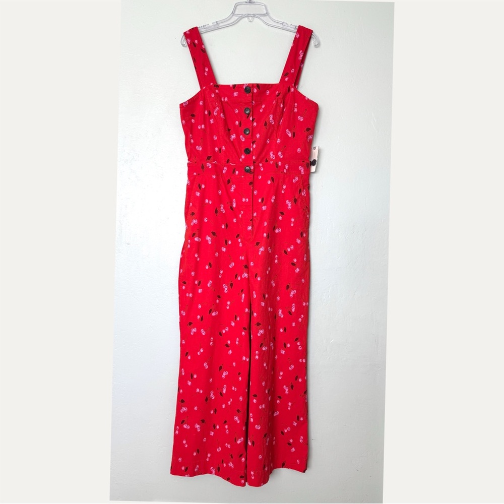Anthropologie Red Floral Button-Front Wide-Leg Jumpsuit